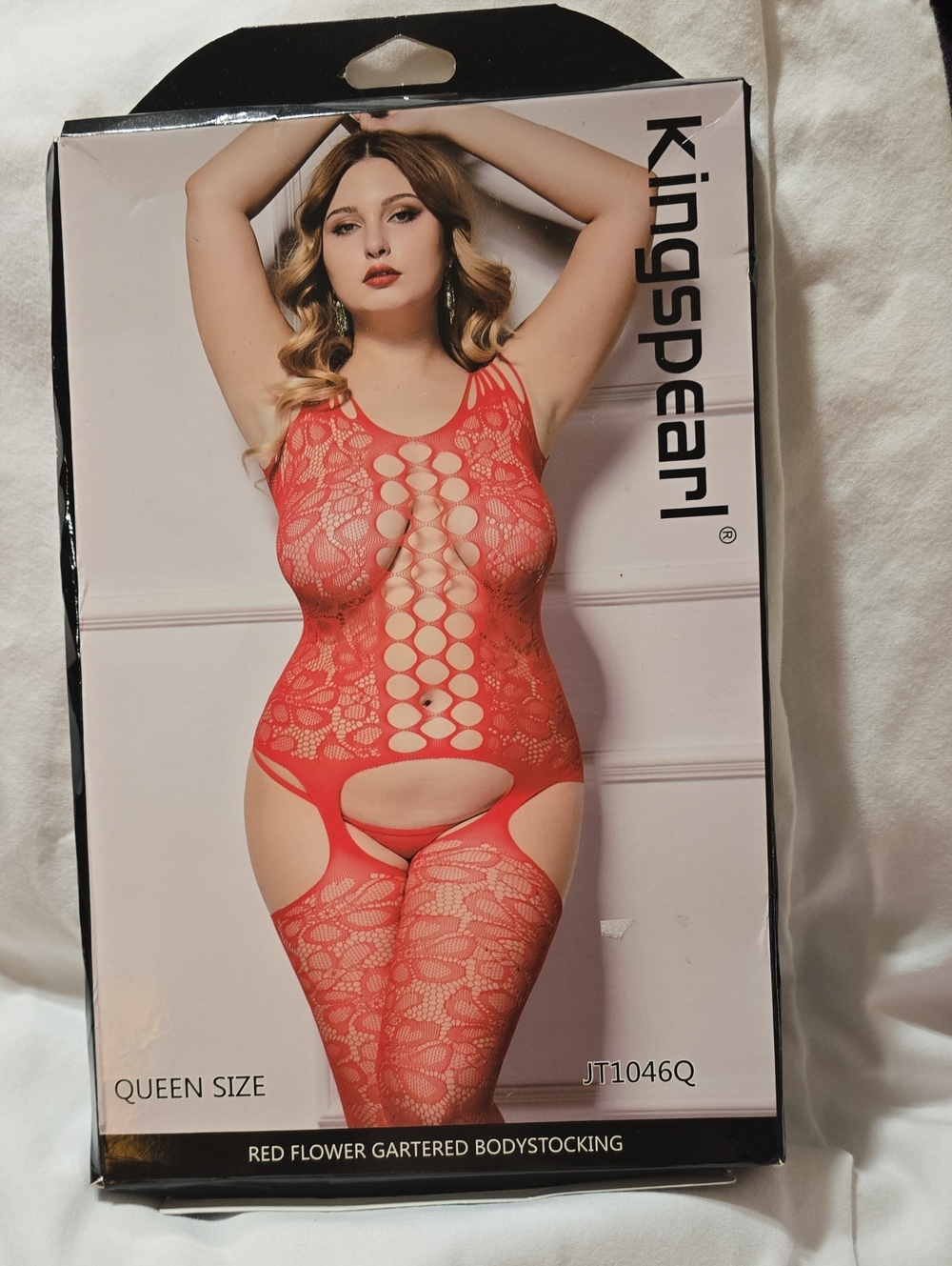 KingsPearl Red Flower Gartered Bodystocking - Queen Size 14 18